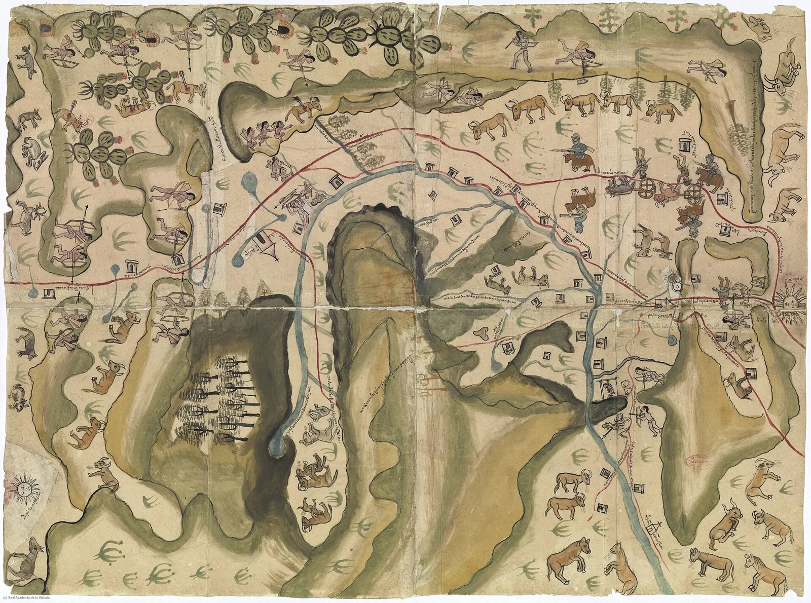 Painted map from c. 1580 showing the towns of San Miguel and San Felipe, roads with wagons, cattle and Chichimec warriors